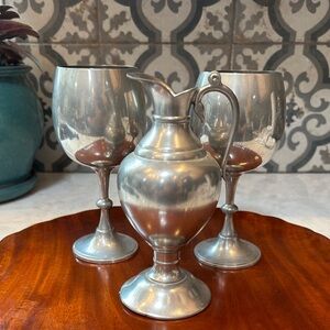 Vintage MCM Pewter Pitcher by Royal Holland Daaldrop & Set of 2 Pewter Goblets